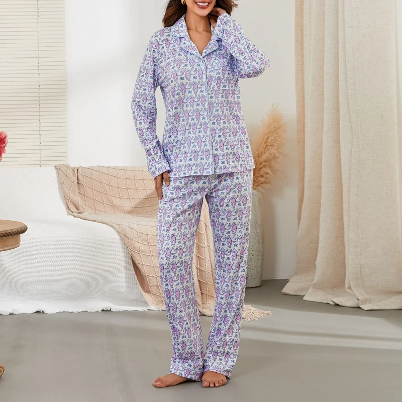 Monkey Pajamas for Women Preppy Style Sleepwear Set Cartoon Print Single Breasted Long Sleeve Tops and Trousers 2000s Loungewear