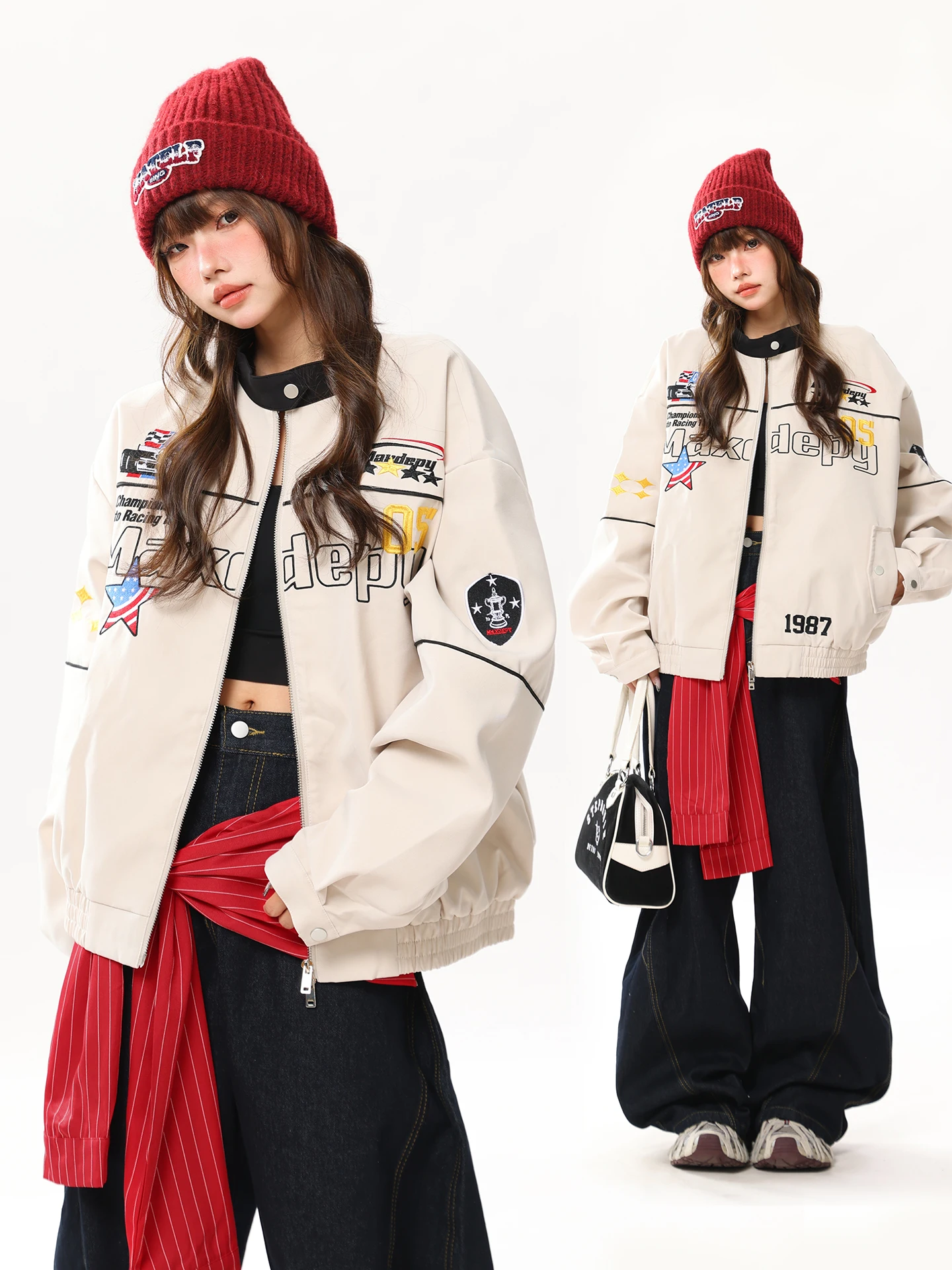 

Американский мотоциклетный бейсбольный тюнер в стиле ретро, женское длинное пальто, верхняя одежда для пар, уличный дизайн, воротник из полиэстера на молнии