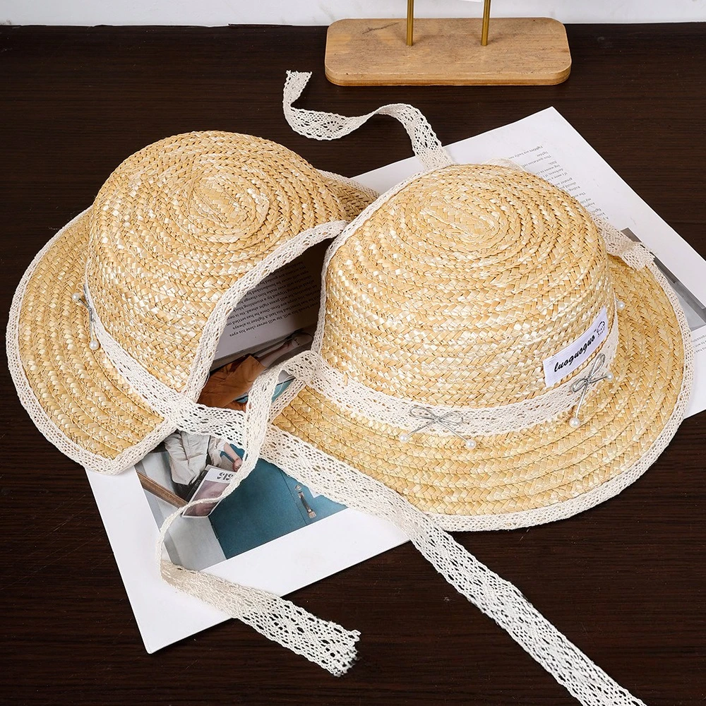 Sommerhut für Mädchen im französisch-britischen Stil aus Weizenstroh mit Spitze, flacher Krempe, eleganter UV-Schutz, Sonnenhut für Outdoor-Aktivitäten – Detail 6