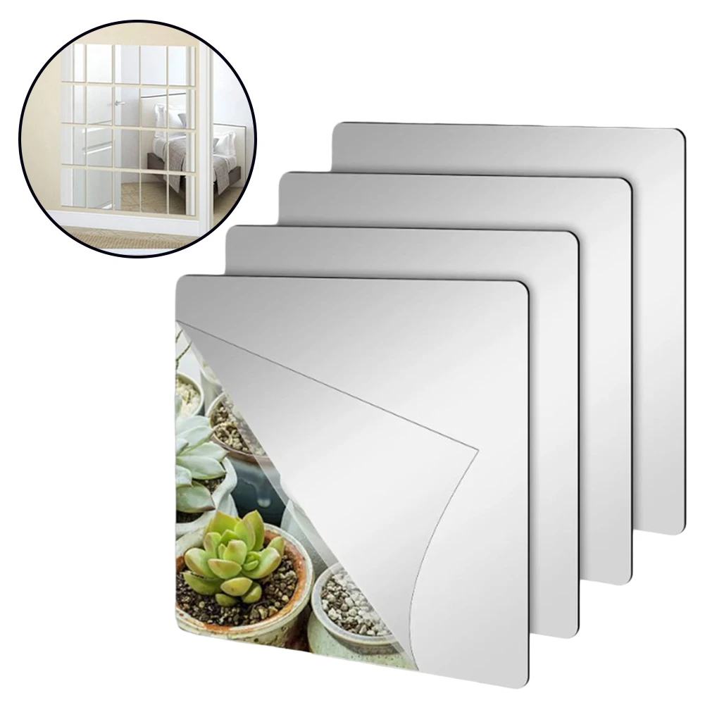 4PCS Acrylic Mirror Sticker Square Mirror Wall Sticker Self-adhesive Acrylic Tile Mosaic Decal