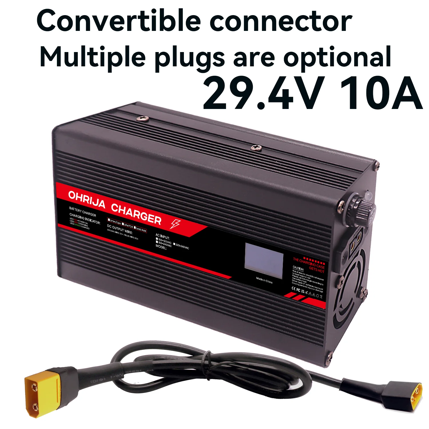 29.4V 10A Lithium Battery Fast Charger for 7S 25.9V OLED Display & Interchangeable Connector Fast Stabilization with Cooling Fan