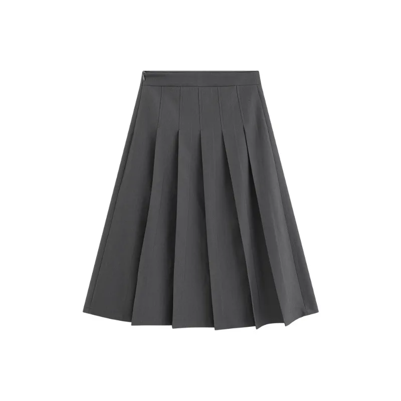 تنورة أنيقة عالية الخصر ذات ثنيات بقصة ضيقة على شكل حرف a تنورة ميدي للنساء تنورة غير رسمية للمكتب باللون الرمادي لملابس الخريف والشتاء الصغيرة