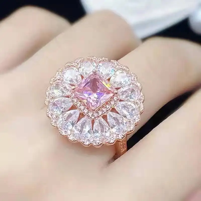 KoreanSweetheart Full Diamond PinkZirconia Female Ring with Opening Style, Suitable forCelebrities At Annual Meetingsand Parties