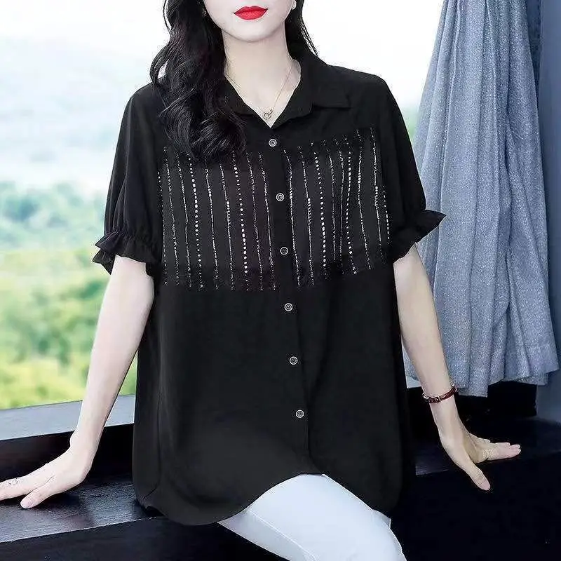 Fashion Striped Bright Line Decoration Midi Blouse Women\'s Clothing Summer New All-match Loose Polo-Neck Single-breasted Shirt