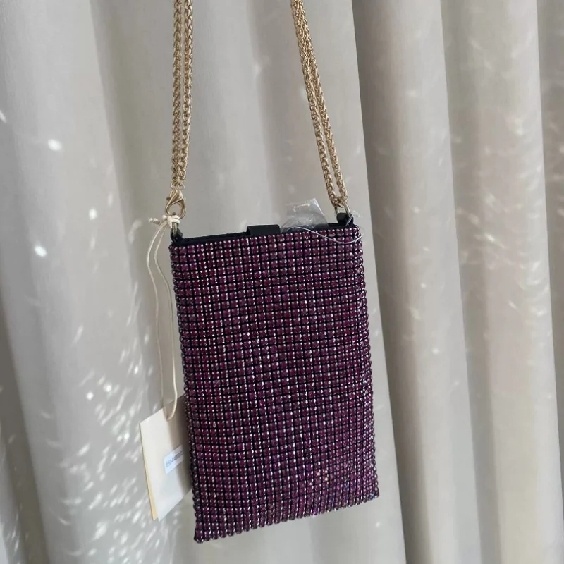 Chain Single Shoulder Messenger Bag Women's Fashion Versatile Bright Diamond Mobile Phone Bag Storage Light Luxury Mini Casual