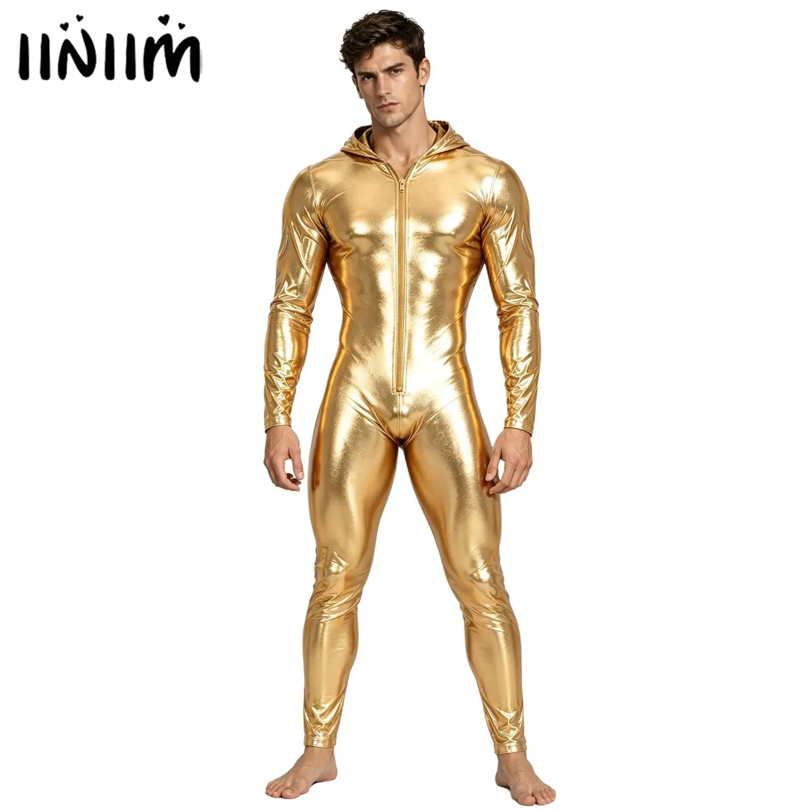 Mens Shiny Metallic Hooded Zentai Bodysuit Front Zipper Full Body Jumpsuit Halloween Cosplay Carnival Stage Performance Costume