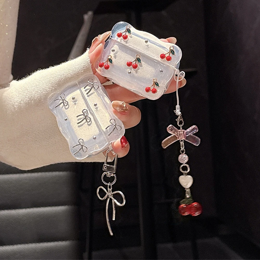 

Korean Cute Bow Cherry Earphone Case For Apple Airpods Pro 3 2 1 Transparent Cherry Protection Cover For Airpods 4 3 Pro2 Pro3