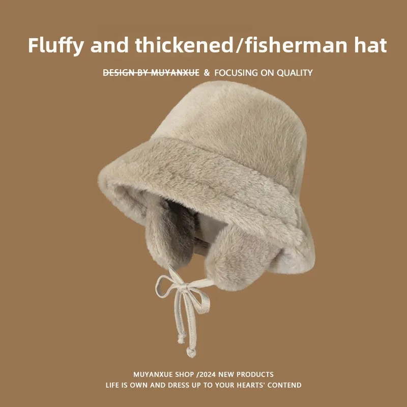 Damen Wintermütze, warm, mit flauschigem Ohrenschutz, Eimerhut, verdicktes Fleece, Plüsch, Reitmütze, kältebeständig, für Herbst und Winter – Detail 5