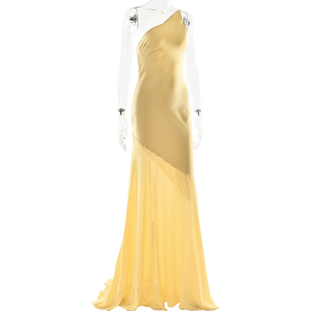 Vestido formal de satén de malla de sirena con un hombro asimétrico amarillo sin espalda sexy