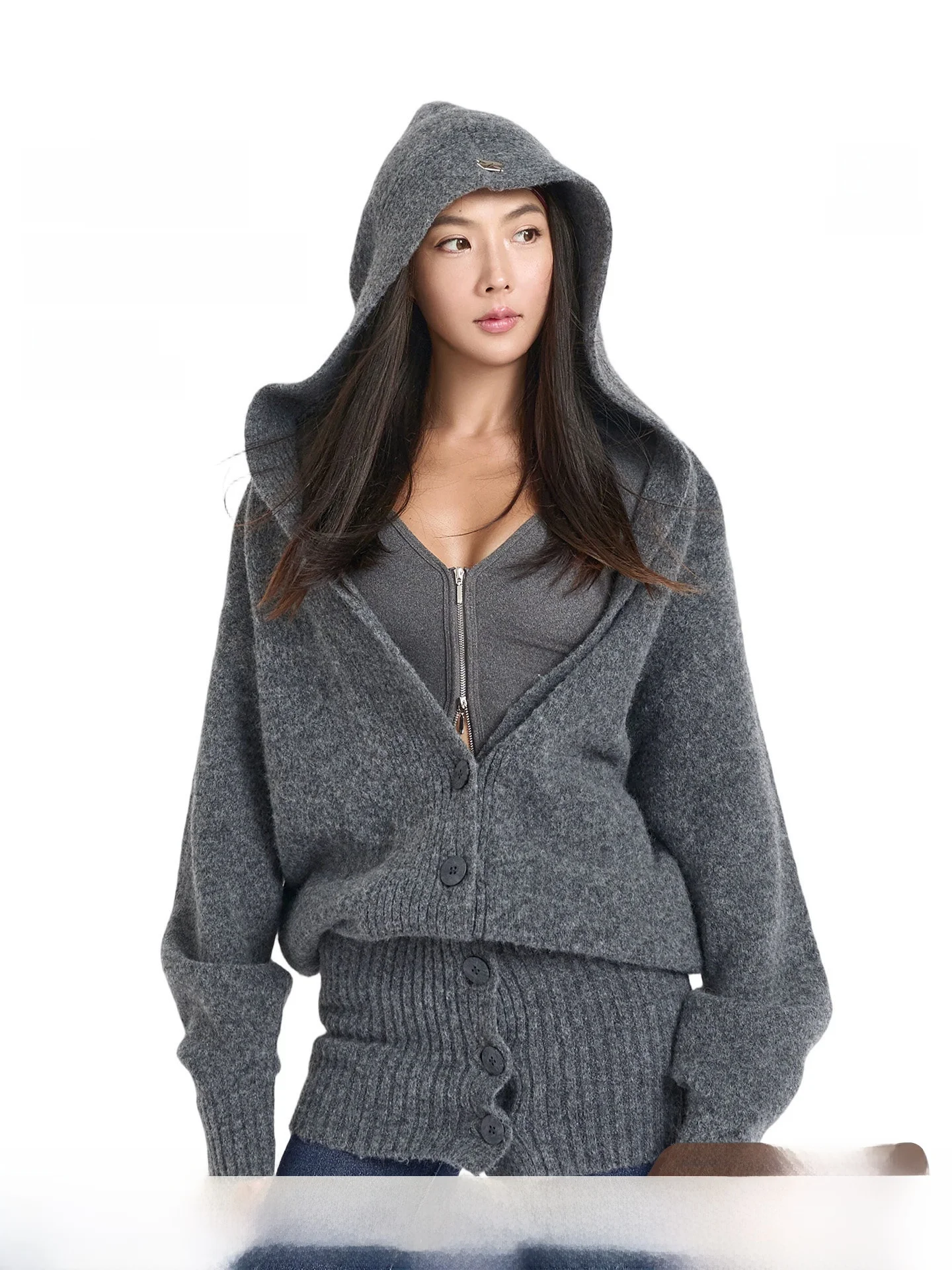 

ABMY шерстяной вязаный кардиган с капюшоном двойной одеждой средней длины осень-зима теплый ленивый свитер джет для женщин