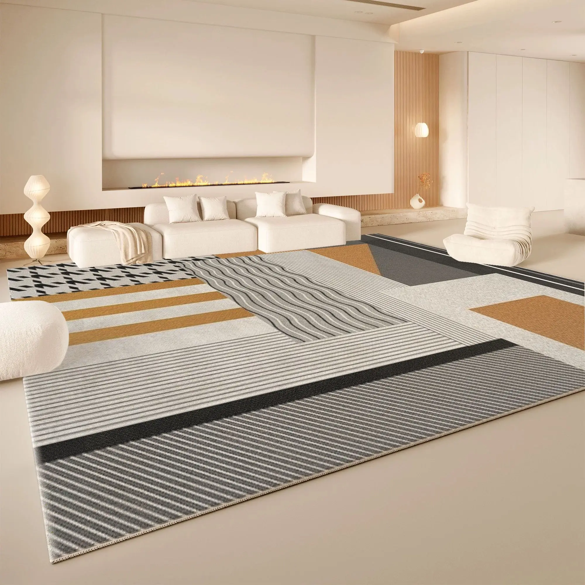 Tapis d'intérieur VIKAMA multicolore à rayures patchwork, antidérapant, lavable, pour salon, tapis de sol moderne géométrique neutre pour la maison