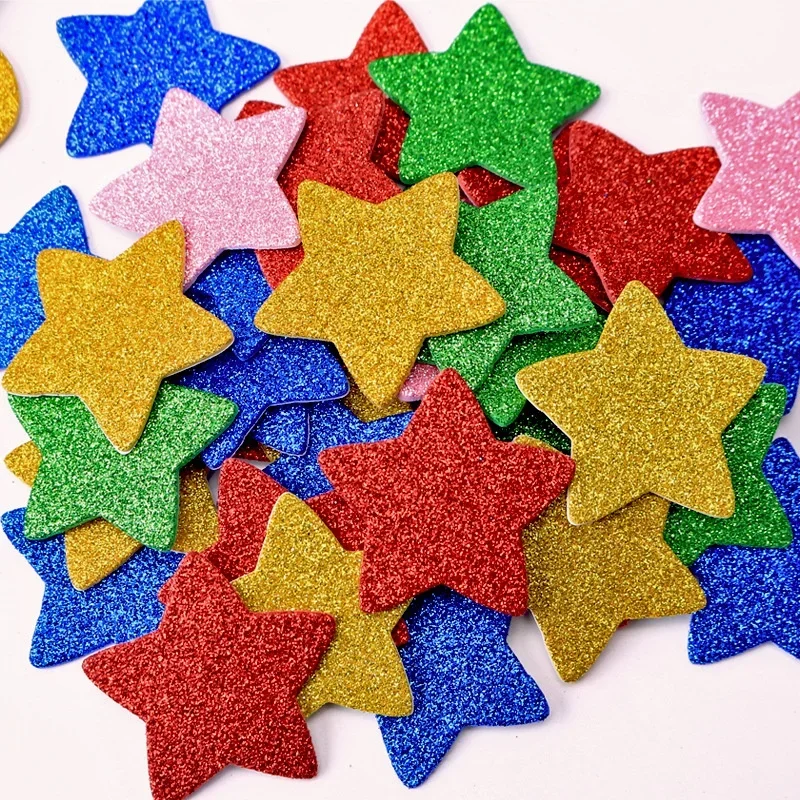 15PCS Colorful Glitter Foam Stickers Self-Adhesive Stars / Heart Shapes Stickers Kid\'s Greeting Cards Home Classroom Decoration