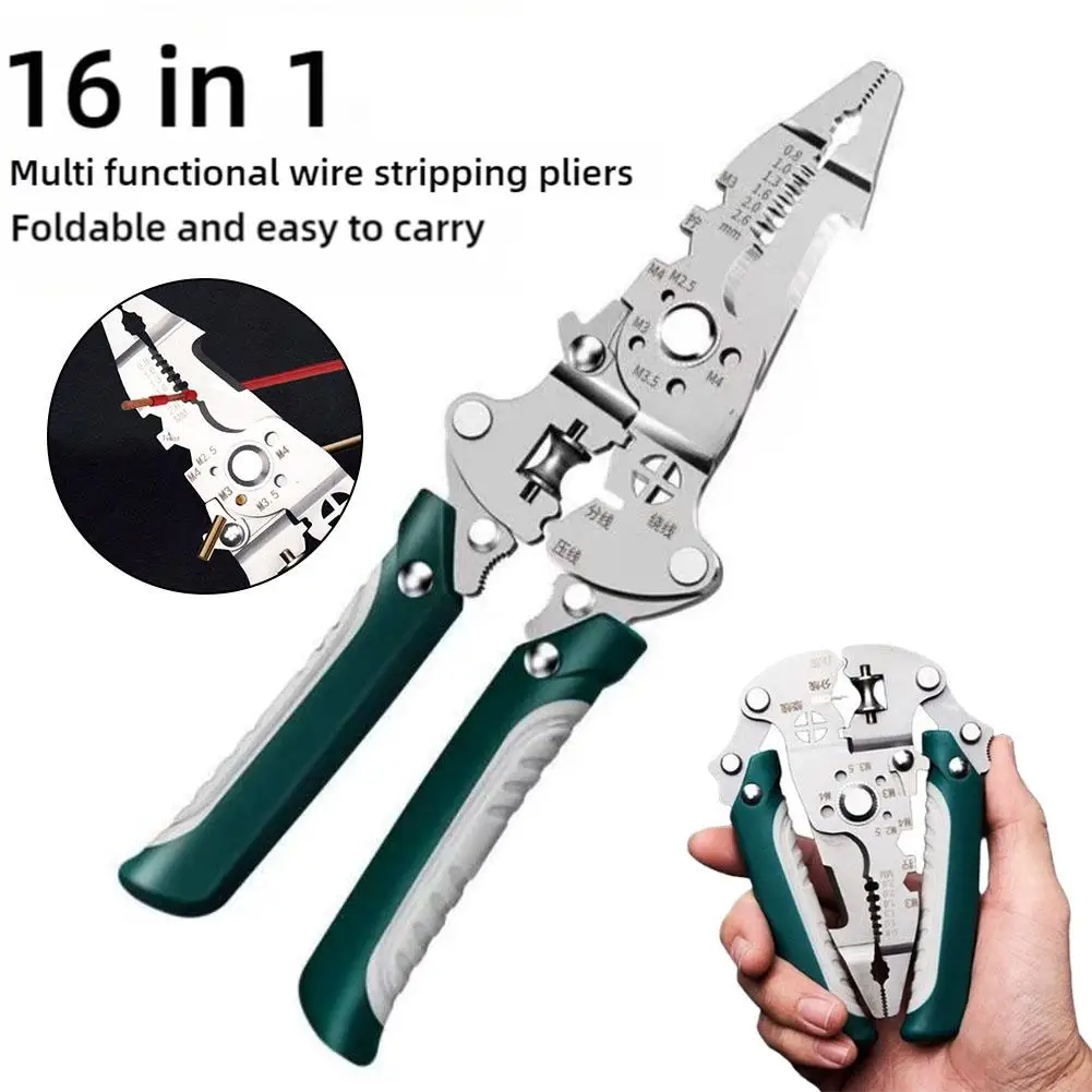 Foldable 16-in-1 Wire Stripping Pliers Crimping Tool - Multifunctional Electrician Pliers, Professional-Grade Electrician Tools