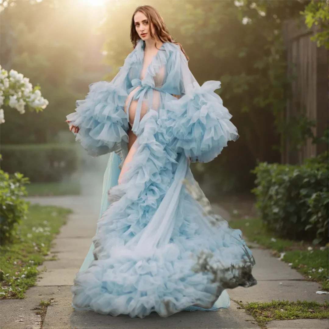 Sexy Ruffles Tulle Prom Dresses Shower Gowns Sweep Train Pregnant Woman Robes