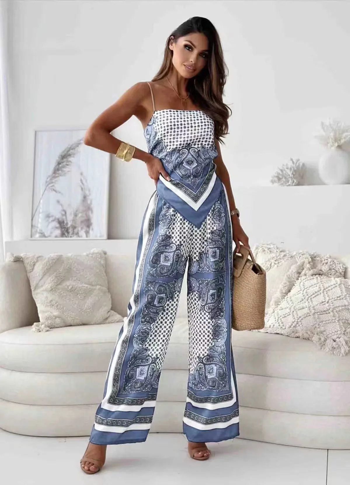 Conjunto estampado em cetim feminino, estilingue casual com renda em cima, calça de perna larga, moda verão