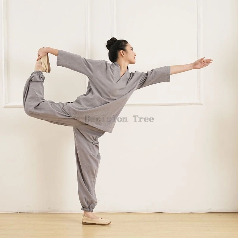 2024 daily yoga tai chi set chinese style seven-point sleeve meditation men and women cotton hemp summer new chinese zen suit