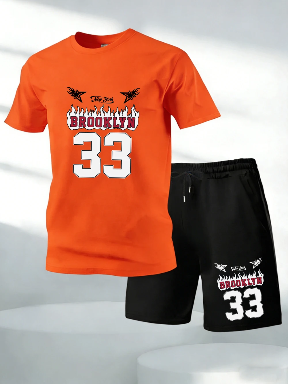 

Two Pieces Set Brooklyn Number 33 Printing Cotton T-Shirts Pants Mens Oversized Soft O-Neck Tops High Waisted Pocket Male Shorts