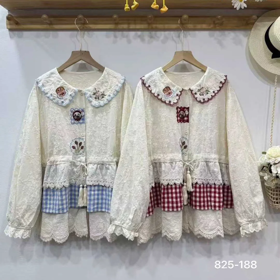 

Women Mori Girl Vintage Plaid Cartoon Embroidery Cotton Shirts Autumn New Peter Pan Collar Long Sleeve Casual Loose Blouse Tops