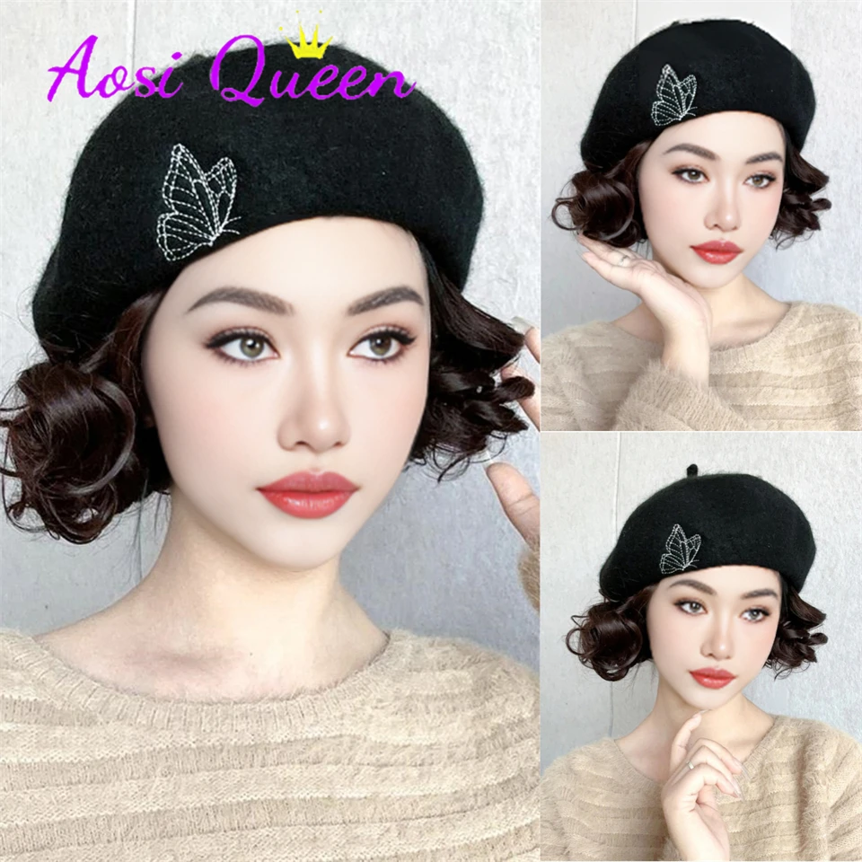 Aosi-女性のための短いカーリーウィッグの帽子、黒のoctagonberet、新しいファッション、秋と冬、2023