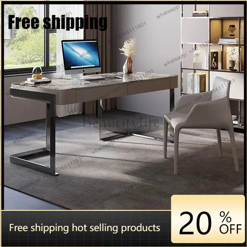 HJ Italian Minimalist Modern Designer Rock Plate Office Desk Chair High-end Study Saddle Leather Writing Computer Desk