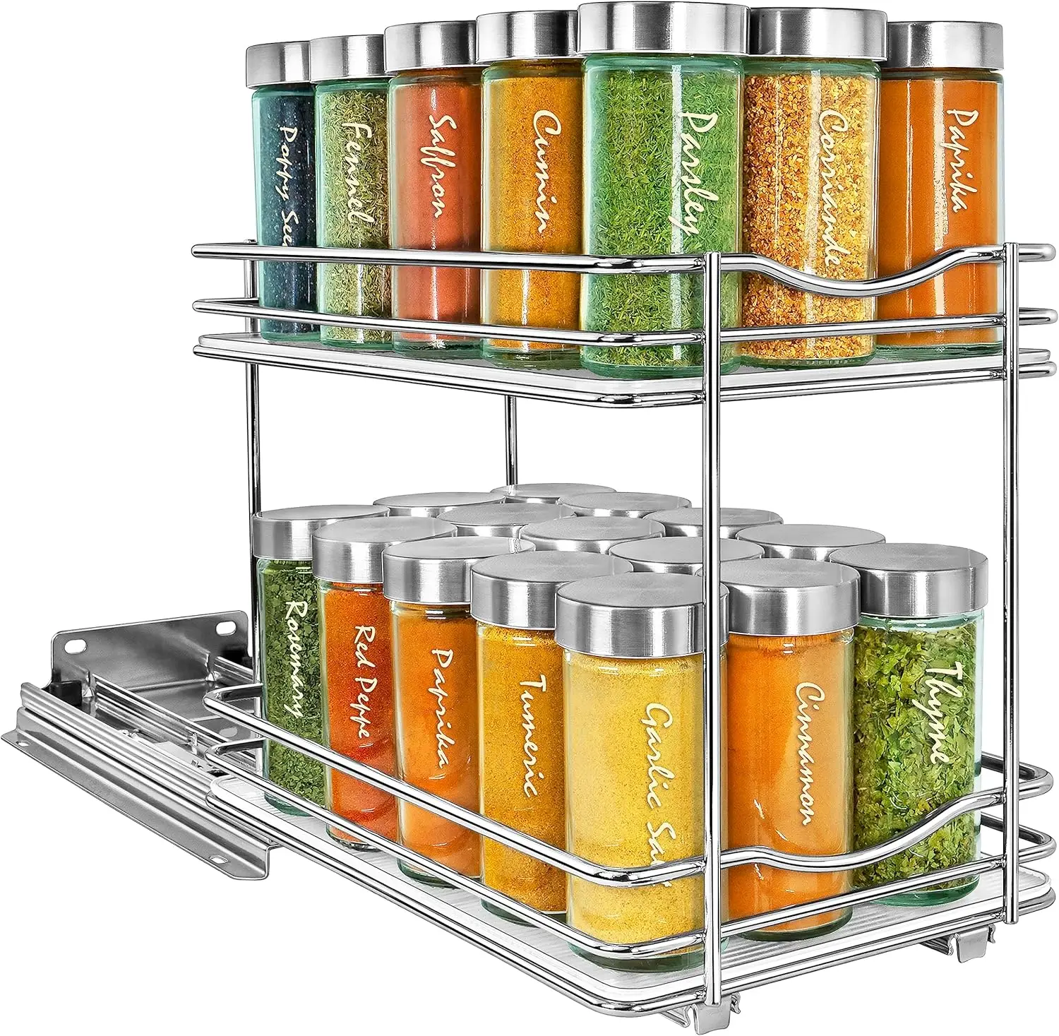 

Pull Out Spice Rack Organizer for Kitchen Cabinets - 6-3/8 inch Wide Slide Out Drawer Chrome Sliding Shelf Racks 2 Tier