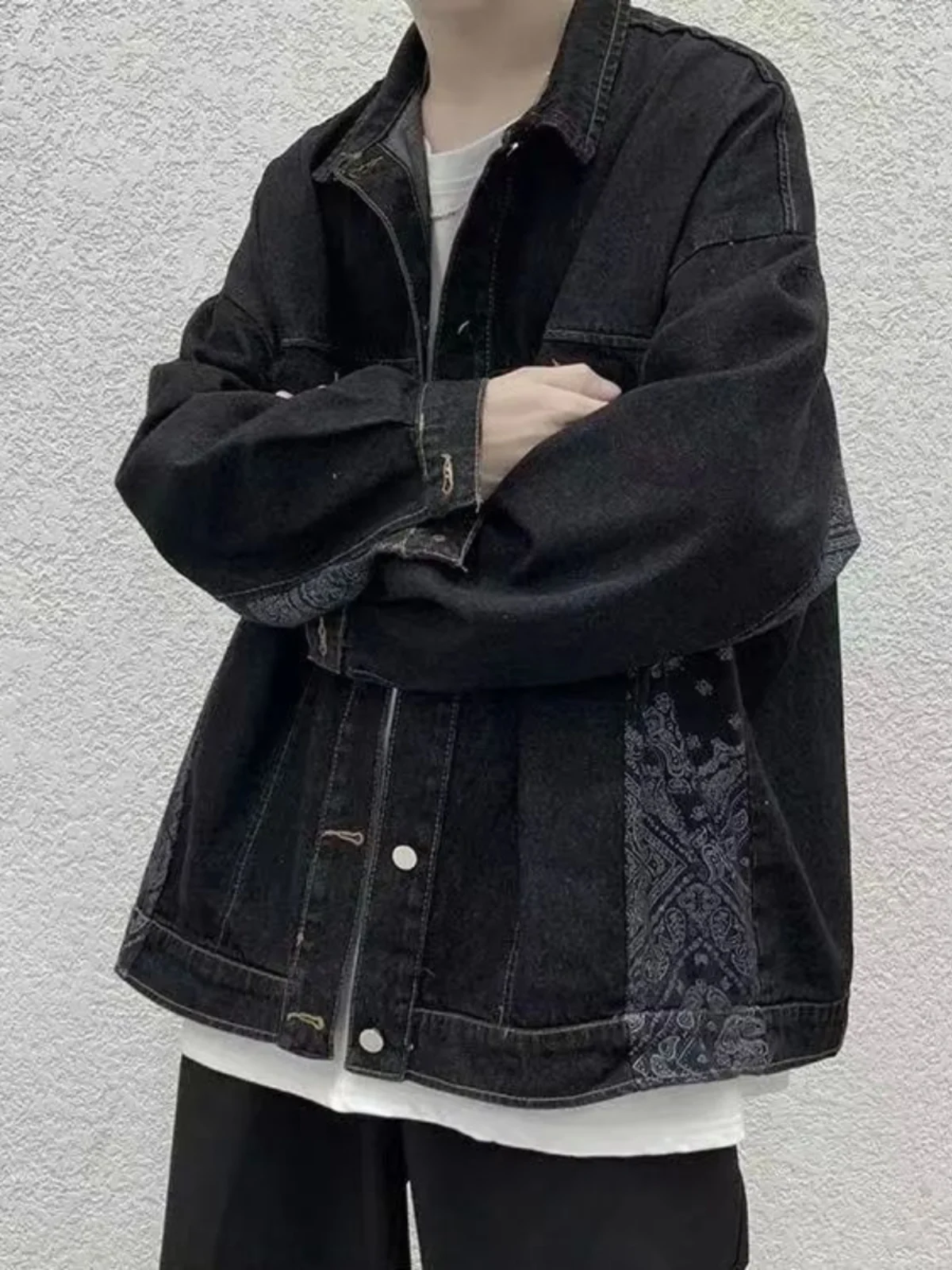 Loose Fit Men's Caew Flower Denim Jaet Casual Workwear Sle Long Sve Windproof Outerwear for Young Men in Autumn
