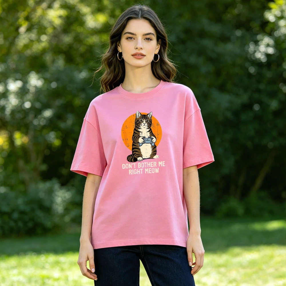 Don't Bother Me Right Meow Summer Women Cotton T-Shirt Tabby Cat Holding Game Controller Funny Pet Graphic Short Sleeve Wear