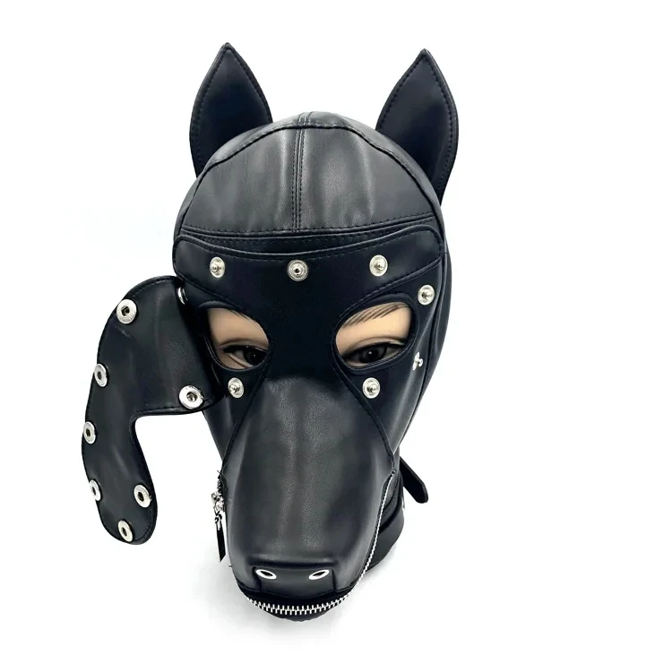 Leather Full Head Hood Dog Party Mask Eye Face Cover Dog Mask With Ears For Men Women Role Play Hollow Sleep Mask Sexy