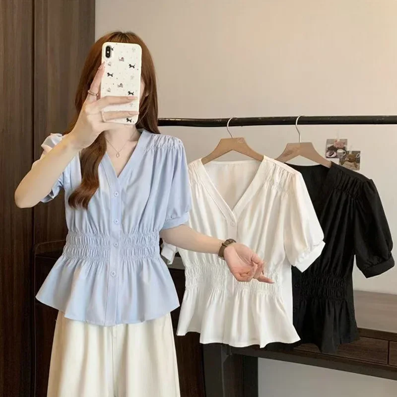 Summer New Tops and Blouses Little A's Clo 2025 Pleated Short Sleeve Shirt Waist Design Skinny Top Large Size Women's Clothing