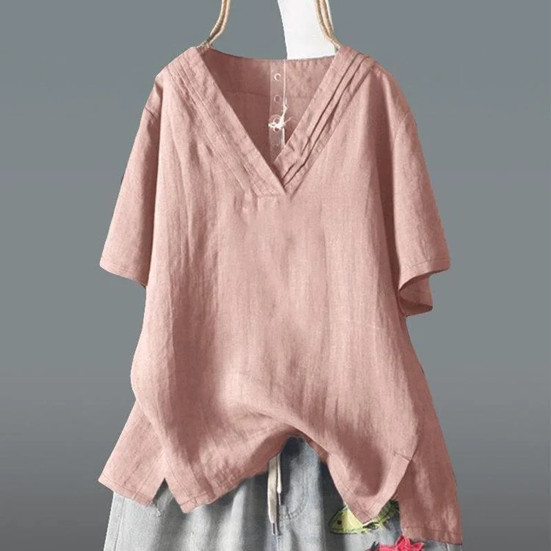 Fashion V-Neck All-match Solid Color Casual T-Shirt Female Clothing 2023 New Oversized Loose Commute Tee Shir