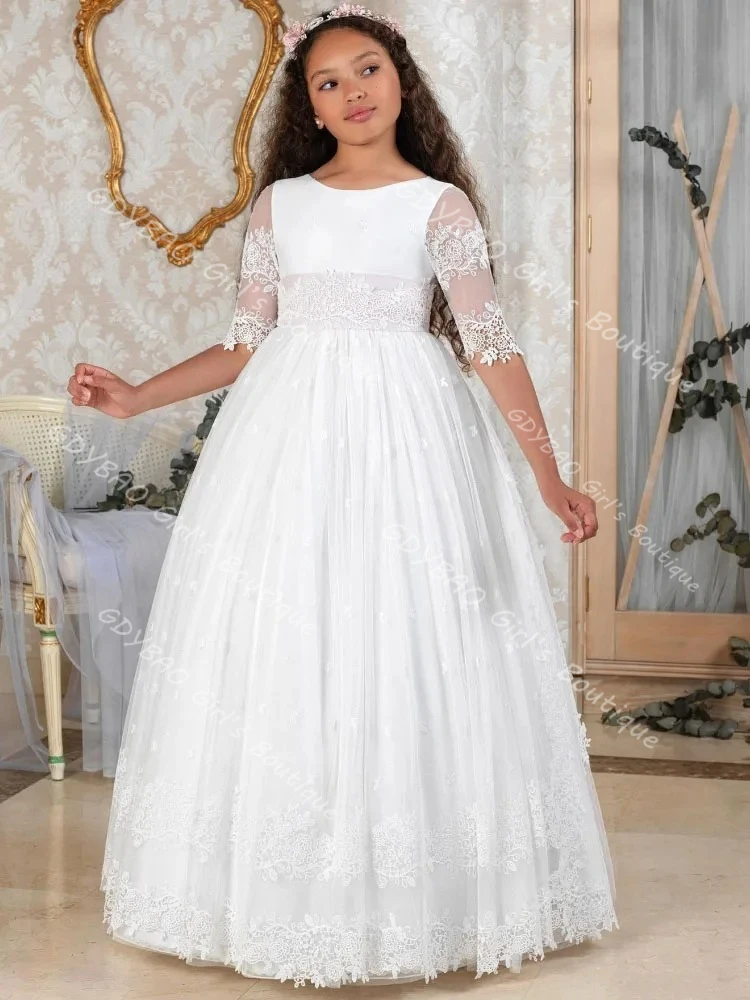 Vintage Lace First Communion Dress Half Sleeves Keyhole Back Princess Flower Girl Dress with Sash/Ribbon Kids Custom Party Gown