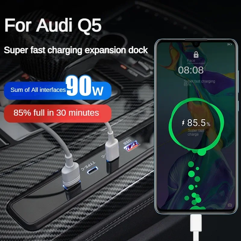 2018-2024 For Audi Q5 Car Fast Charger 90W USB Shunt Hub Splitter With Cigarette Light To Adapter Type C USB Charging