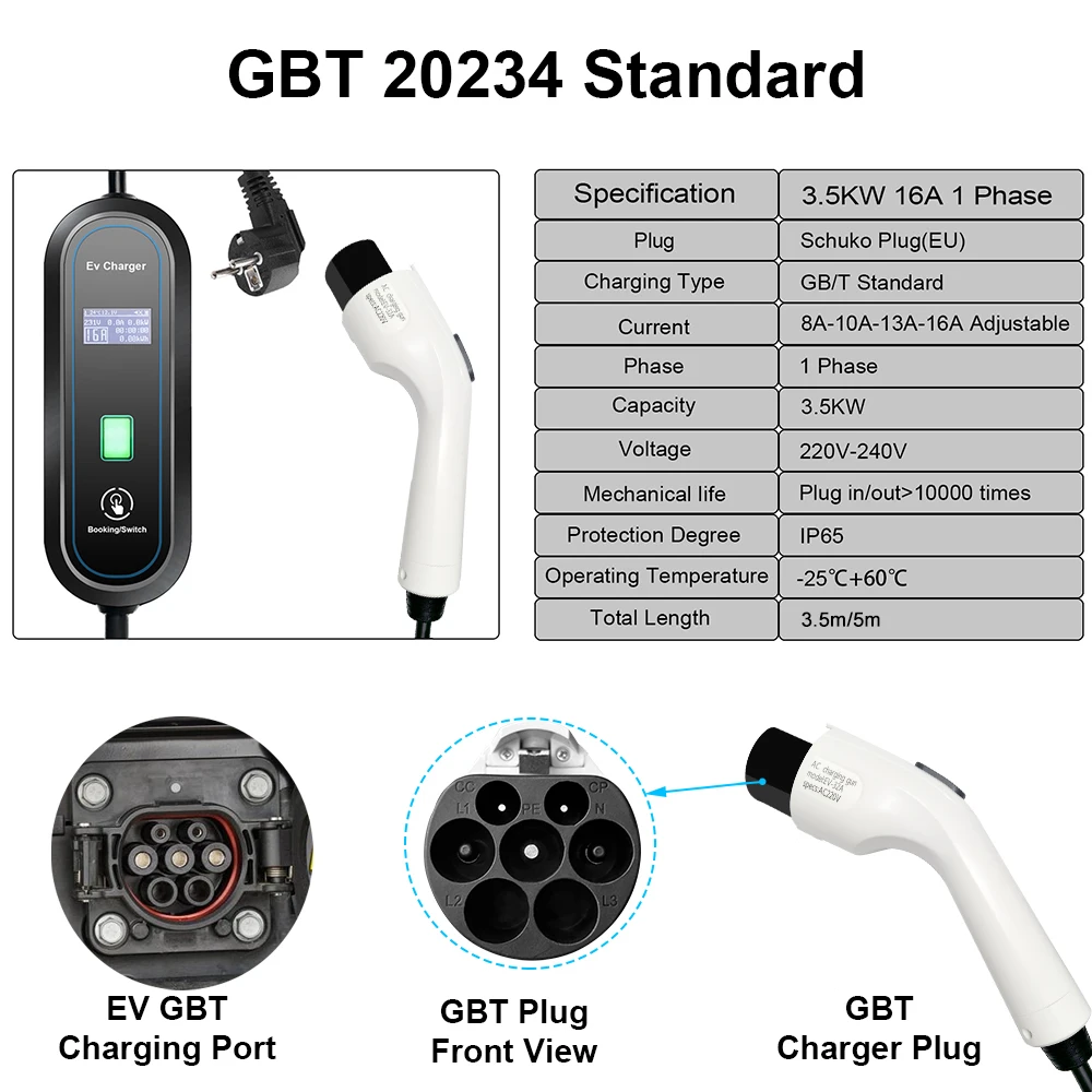 Teschev 220V 230V Level 2 EV Charger Type 2 16A 3.5kW GBT Plug Car Charging Cable J1772 Type 1 Wallbox for Electric Vehicles