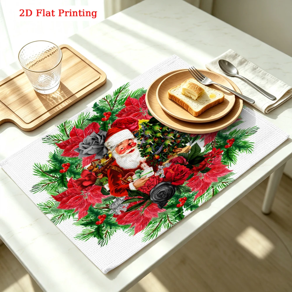 1Pc Christmas Style Placemat Red Green Santa Claus Print Table Mat For Dining Kitchen Party Decoration Use 30X40Cm Cover