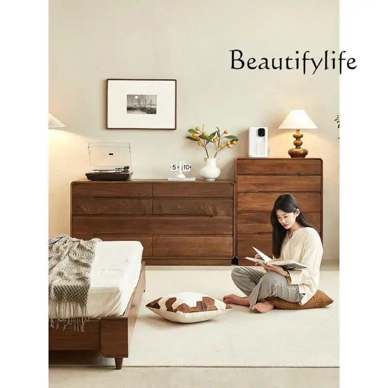 European Black Walnut Wooden Chests of Drawers Minimalist Style Bedroom Locker Modern Light Luxury Tailstock Chest of Drawer