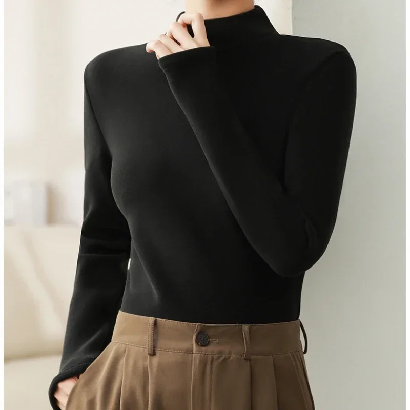 Damen-Thermounterwäsche, langärmelig, Fleece-Samt, Heizfaser-Bottom-Shirt, schmales, solides Basic-T-Shirt für den Winter