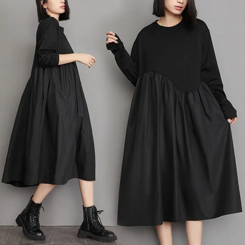 

Spring/Summer Korean Clothes 2023 Retro Simple Black Irregular Mid Length Dress Long Sleeve Large Size Loose Women's Dress T1859