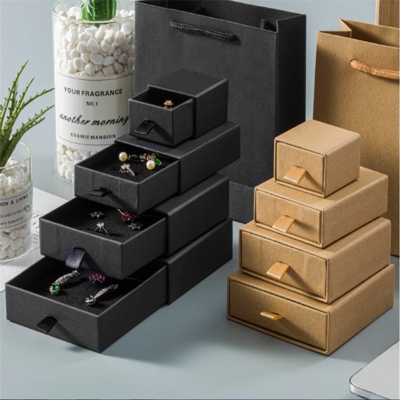 Engraved Logo Cotton Filled Cardboard Kraft Paper Jewelry Packageing Drawer Box Gift Case Black Display Boxes Storage