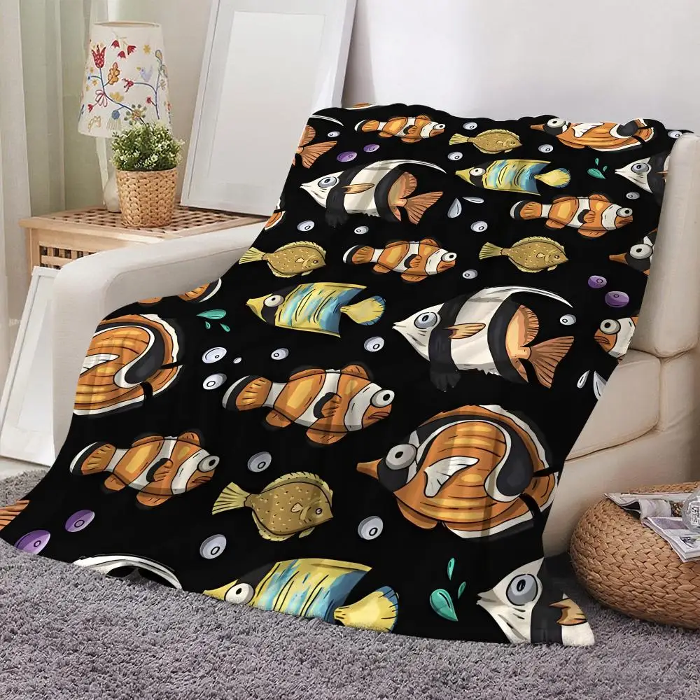 Cartoon Pufferfish Pattern Throw Soft Flannel Throw Blanket Lightweight Cooling Summer AC Nap Blanket for Sofa Bed Couch Travel