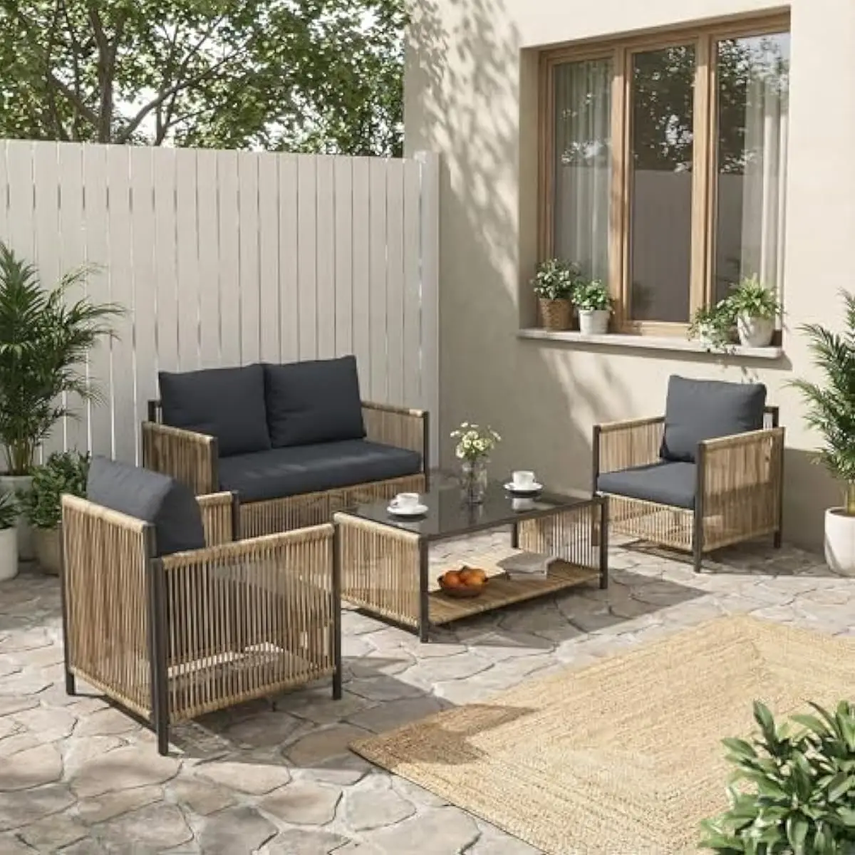 Outdoor Bohemian Wicker Set Featuring Two Armchairs One Loveseat Plus Dual-Tier Coffee Table Rustproof Iron Frame PE Weave All-W