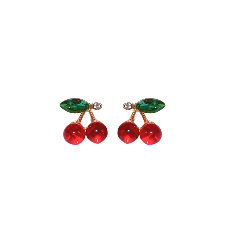 Sweet Rhinestone Glass Cherry Fruit Stud Earrings for Women Girl Exquisite Versatile Fashion Accessories