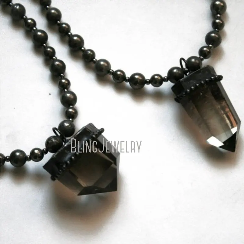 NM43162 Smoky Quartz Point Pyrite Necklace   And  Statement Layering  Halloween