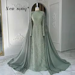 Beaded Sage Green Muslim Evening Dresses with Cape Long Sleeves Arabic Dubai Elegant Women Wedding Party Gowns Formal Prom Robes