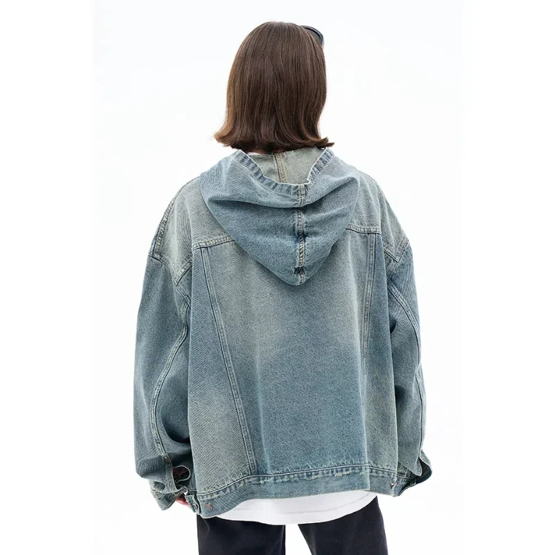 High Street Oversized Denim Hoodied Sweatshirts Washed Distressed Jackets High Quality Hoodie Pullover Casual Printed Hoodies