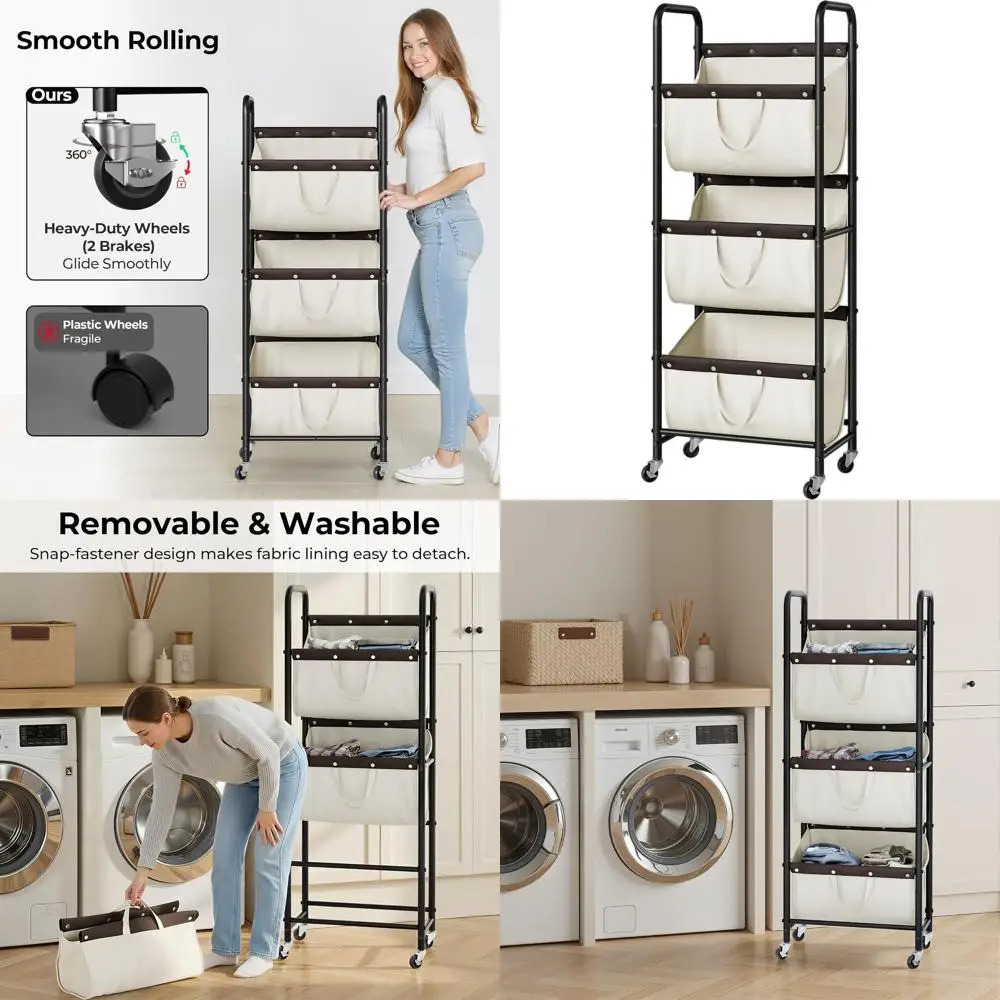 

Трехсекционный передвижной органайзер для белья на колесиках для общежития, ванной и спальни - бежевый