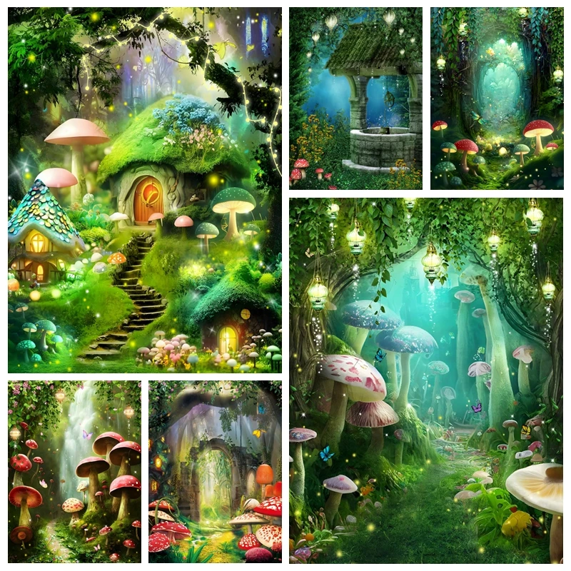 

Fairy Tale Forest Mushroom Photography Backdrop Dream Enchanted Wonderland Mushroom House Jungle Baby Birthday Decor Background