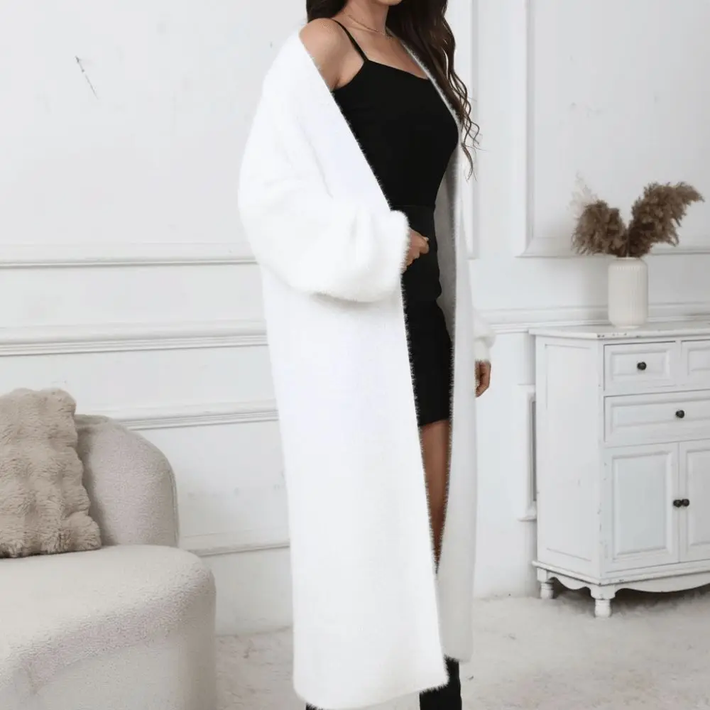 

Creative Gift Polyester Women Long Cardigan Open Front Fuzzy Coat Warm Loose Fit Casual Outfit Daily Wear