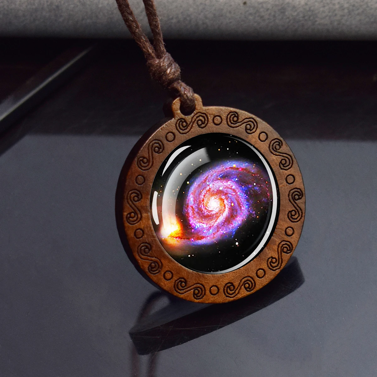 Spiral Galaxy Planet Necklace Wooden Pendant Rope Chain Necklace Nebula Space Jewelry Astronomy Gift