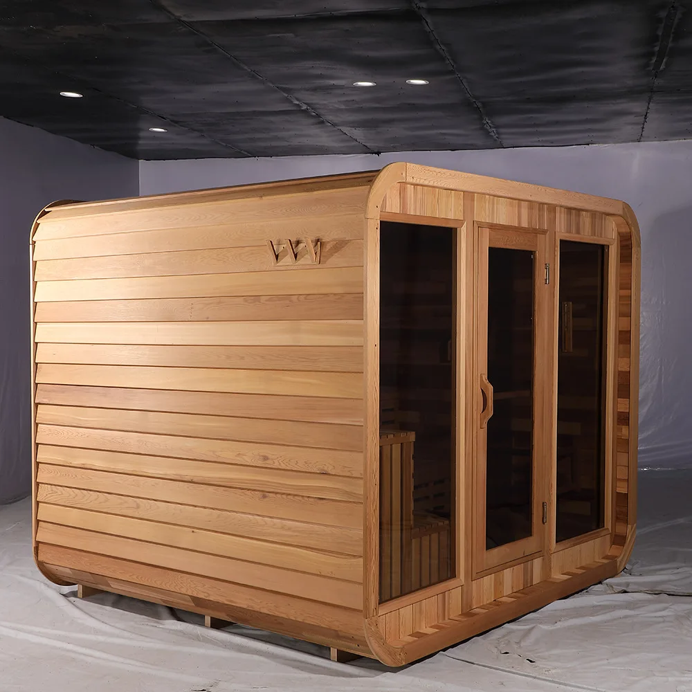 Family garden uses 8-person traditional steam outdoor cube sauna with transparent glass