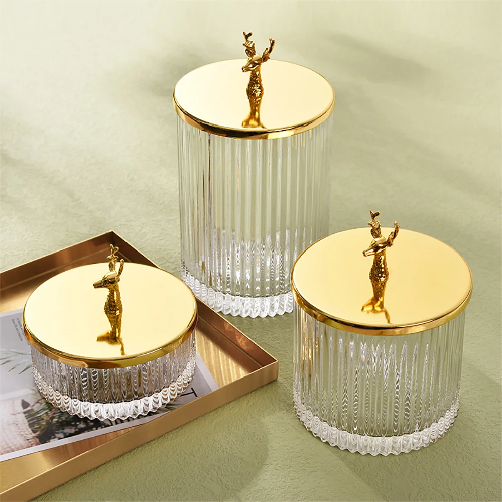 Transparent Glass Jar Golden Lid Storage Jars Elk Jewelry Box Candy Food Tea Coffee Sugar Kitchen Storage Bottle Home Ornament